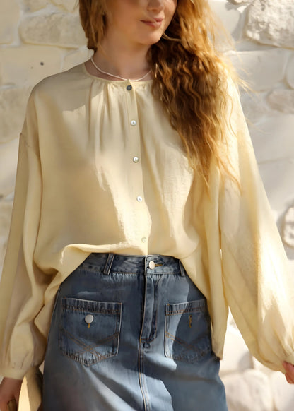 Yellow O Neck Button Cotton Shirts Tops Spring