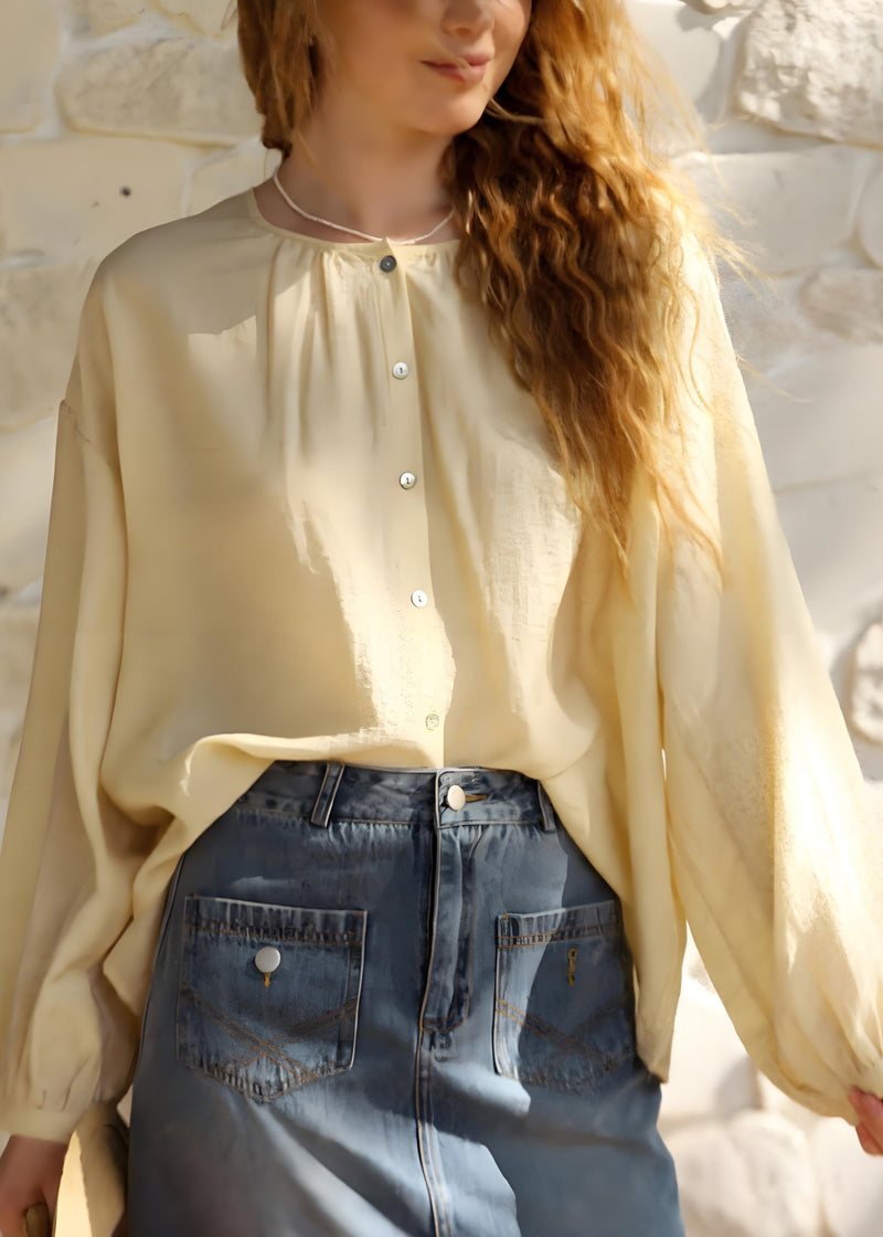 Yellow O Neck Button Cotton Shirts Tops Spring