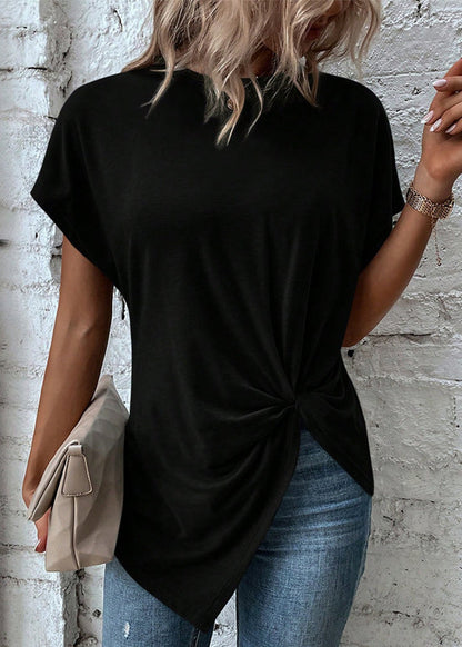 Black O Neck Asymmetrical Cotton Top Summer