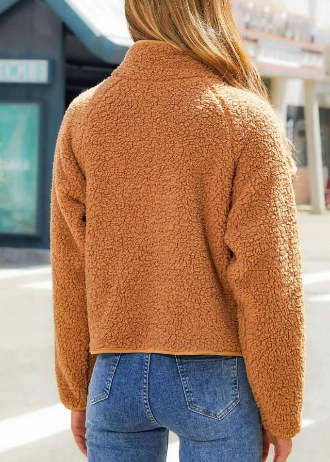 French Brown Stand Collar Patchwork Faux Fur Jackets Fall