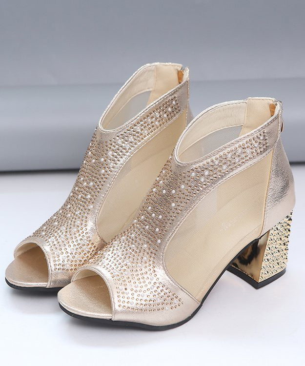New Gold Faux Leather Boots Peep Toe Splicing Tulle Zircon