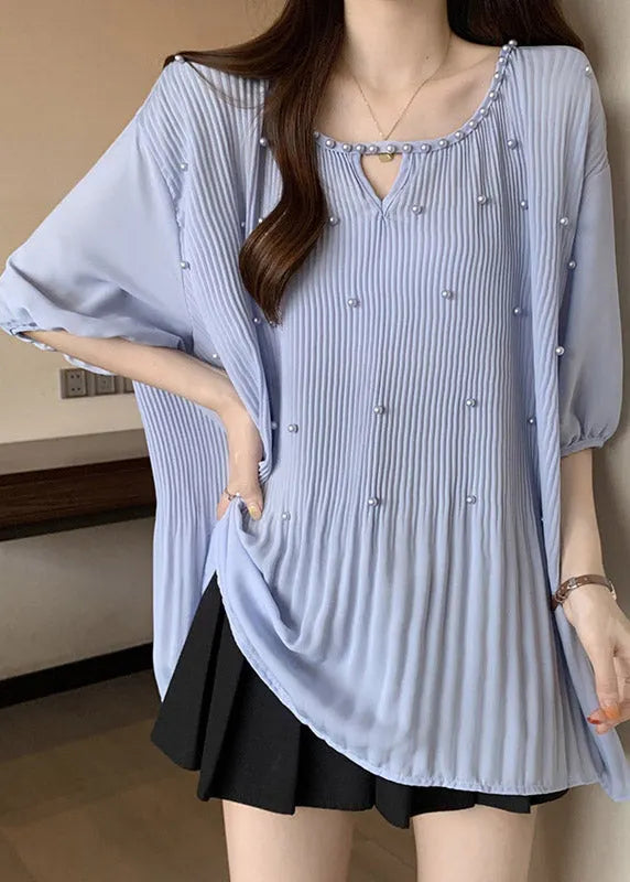 Blue Nail Bead Patchwork Chiffon Blouses O-neck Half Sleeve