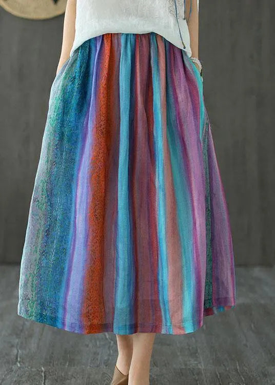 Style Striped Retro Patchwork a Line Skirts Ramie