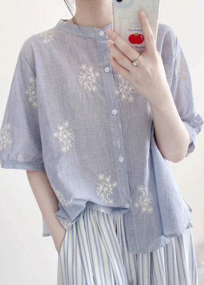 Blue Embroidered Striped Cotton Top Half Sleeve