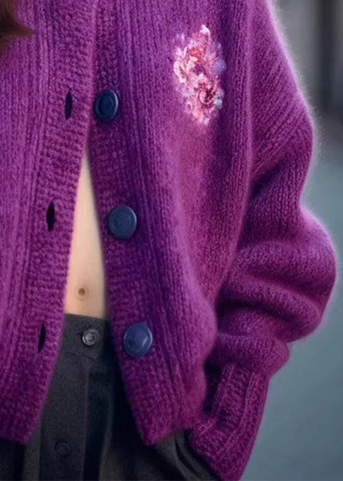 Purple O Neck Button Cozy Knit Cardigan Winter