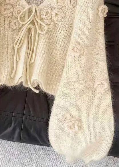 Beige V Neck Lace Up Cozy Knit Cardigan