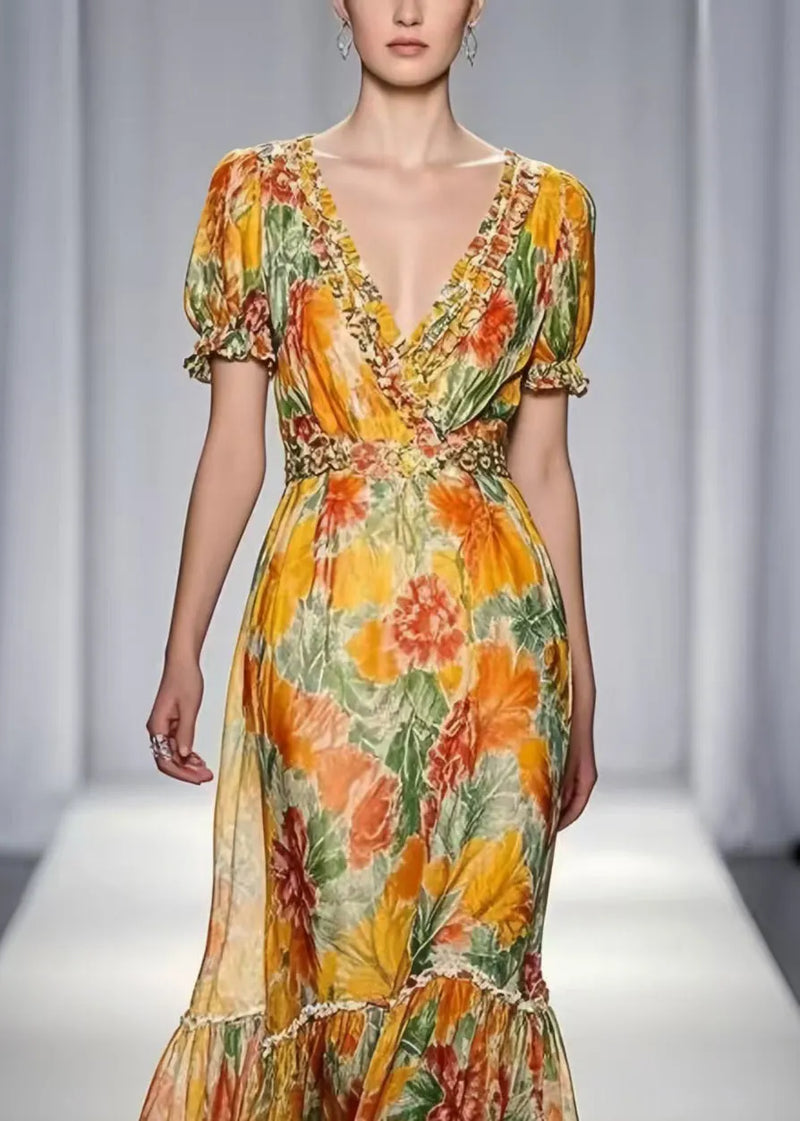 Yellow Ruffled Print Chiffon Dresses Summer
