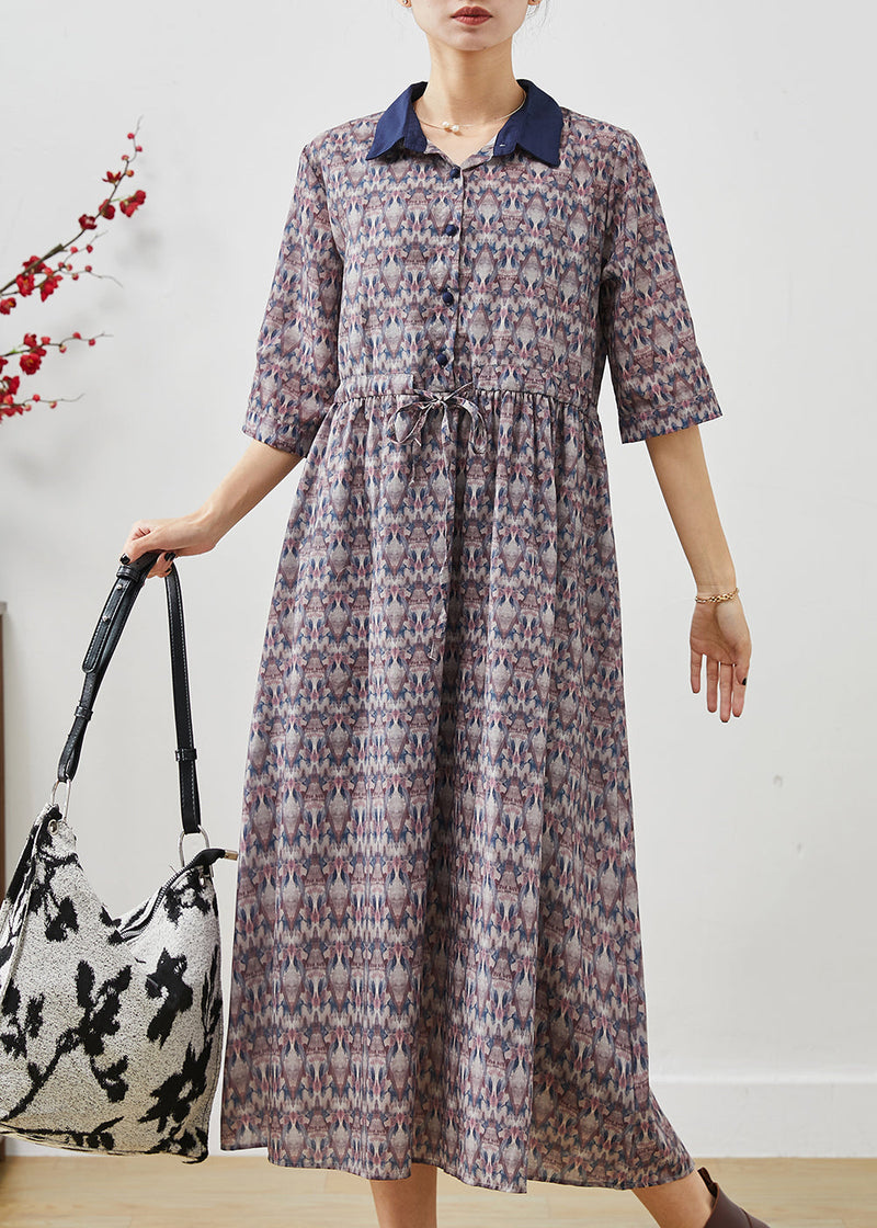 Cinched Print Cotton Long Dress Half Sleeve