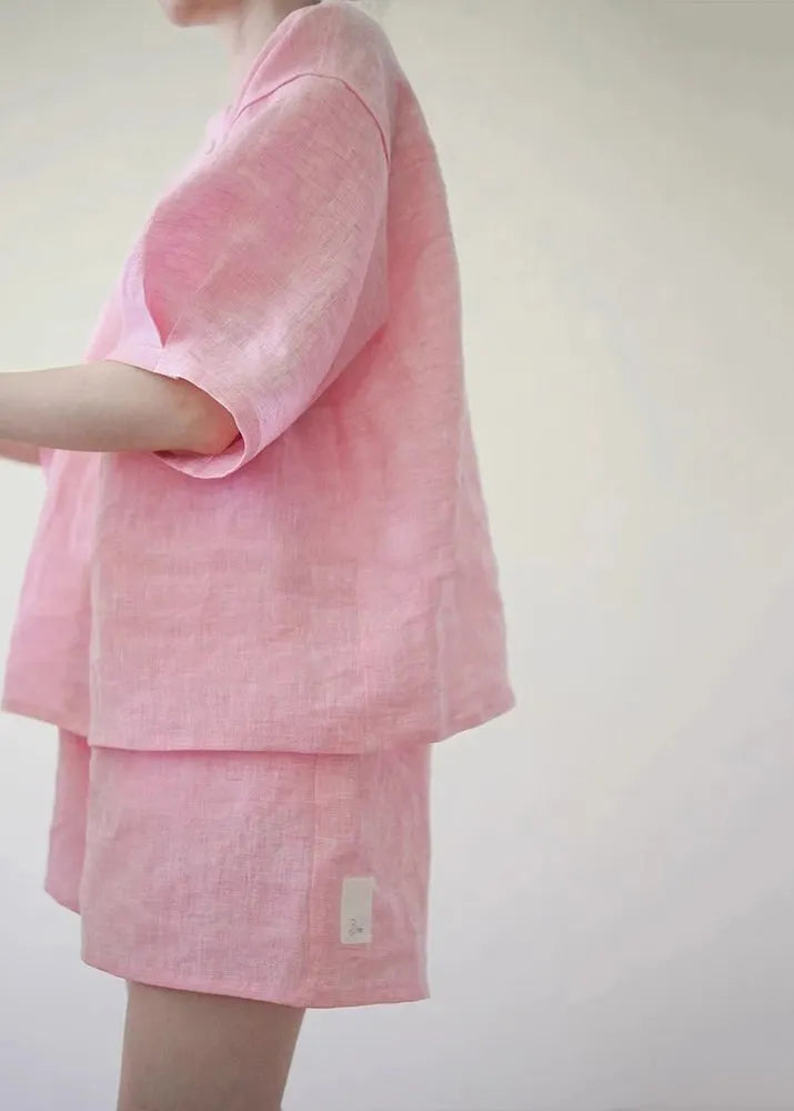 Pink O-neck Button Shirts and Shorts Two Pieces Set Summer