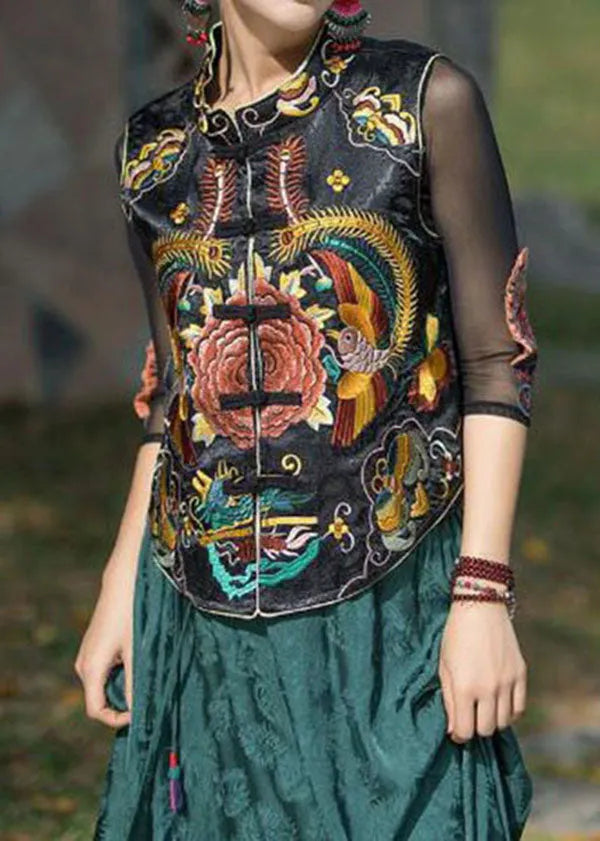 Black Stand Collar Embroidered Patchwork Silk Vest Sleeveless