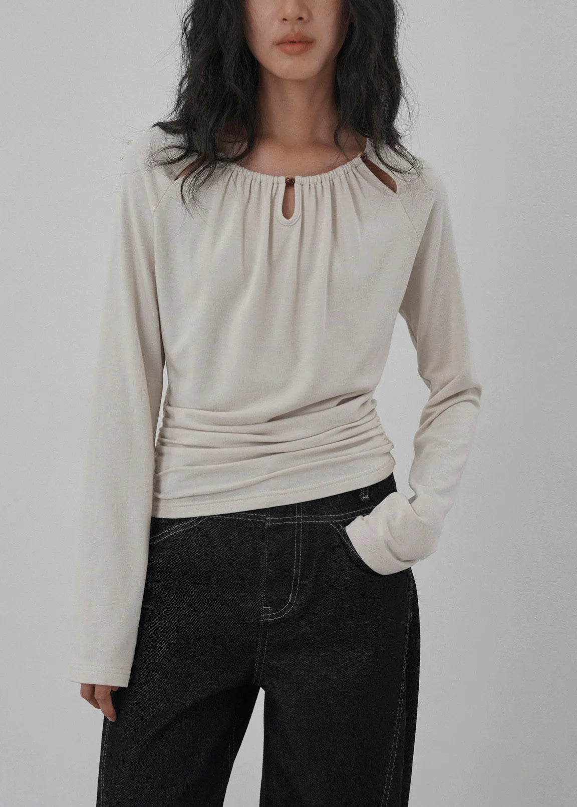 Unique Grey O Neck Hollow Out Wrinkled Cotton Top Spring