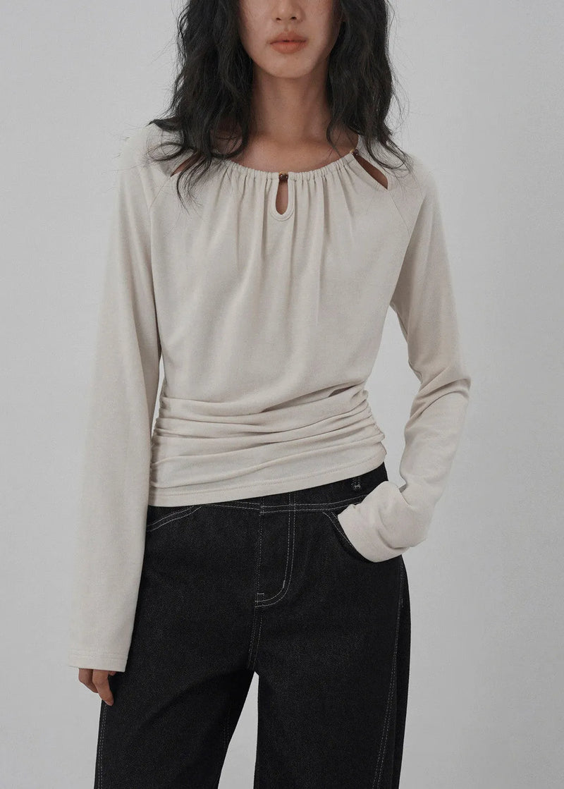 Unique Grey O Neck Hollow Out Wrinkled Cotton Top Spring