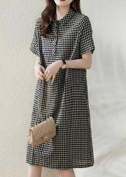 Grey Peter Pan Collar Plaid Linen Vacation Dress Summer