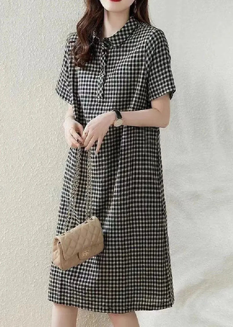 Grey Peter Pan Collar Plaid Linen Vacation Dress Summer