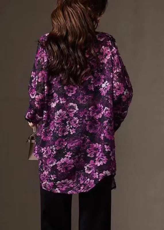 Purple Print Peter Pan Collar Button Chiffon Shirts Fall