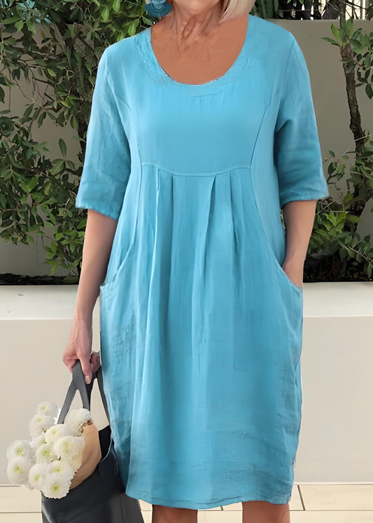 Blue O Neck Pockets Patchwork Cotton Dresses Summer