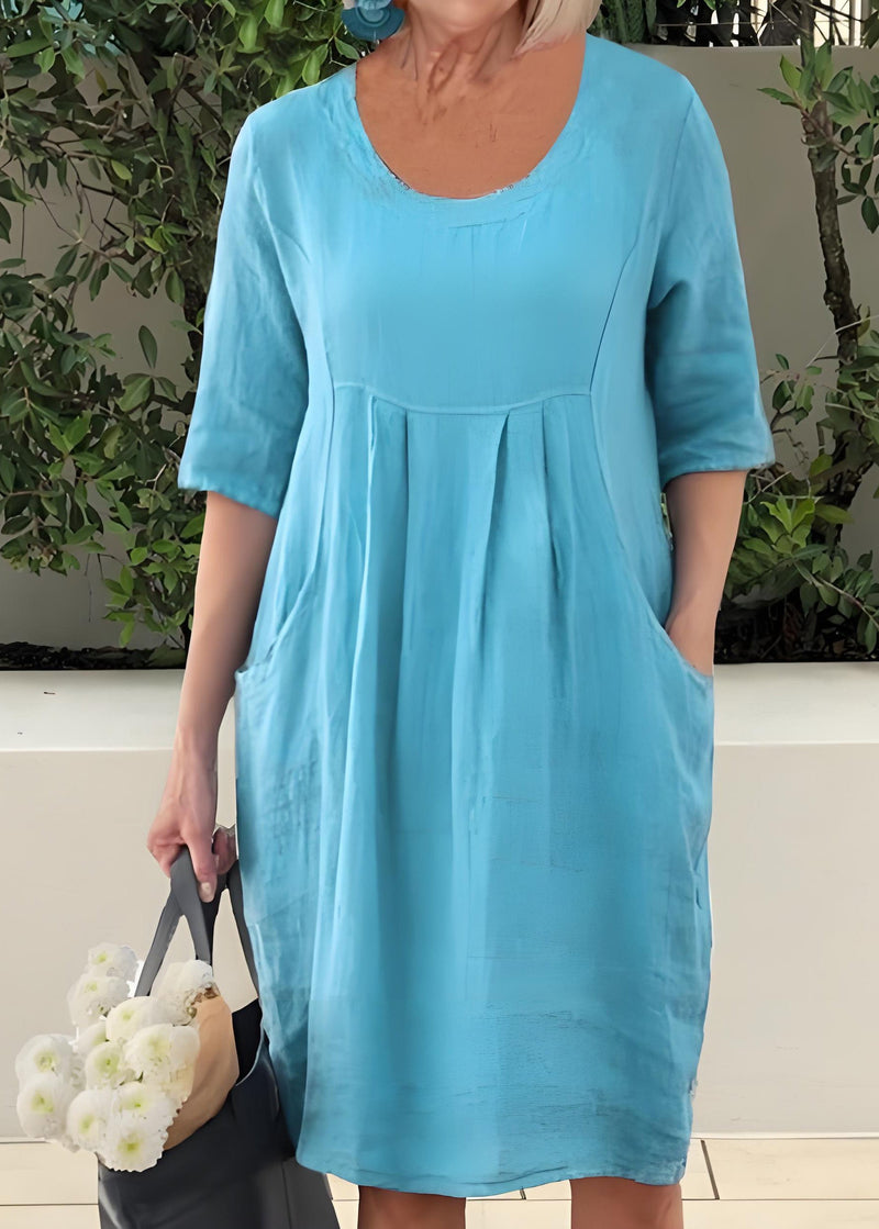 Blue O Neck Pockets Patchwork Cotton Dresses Summer