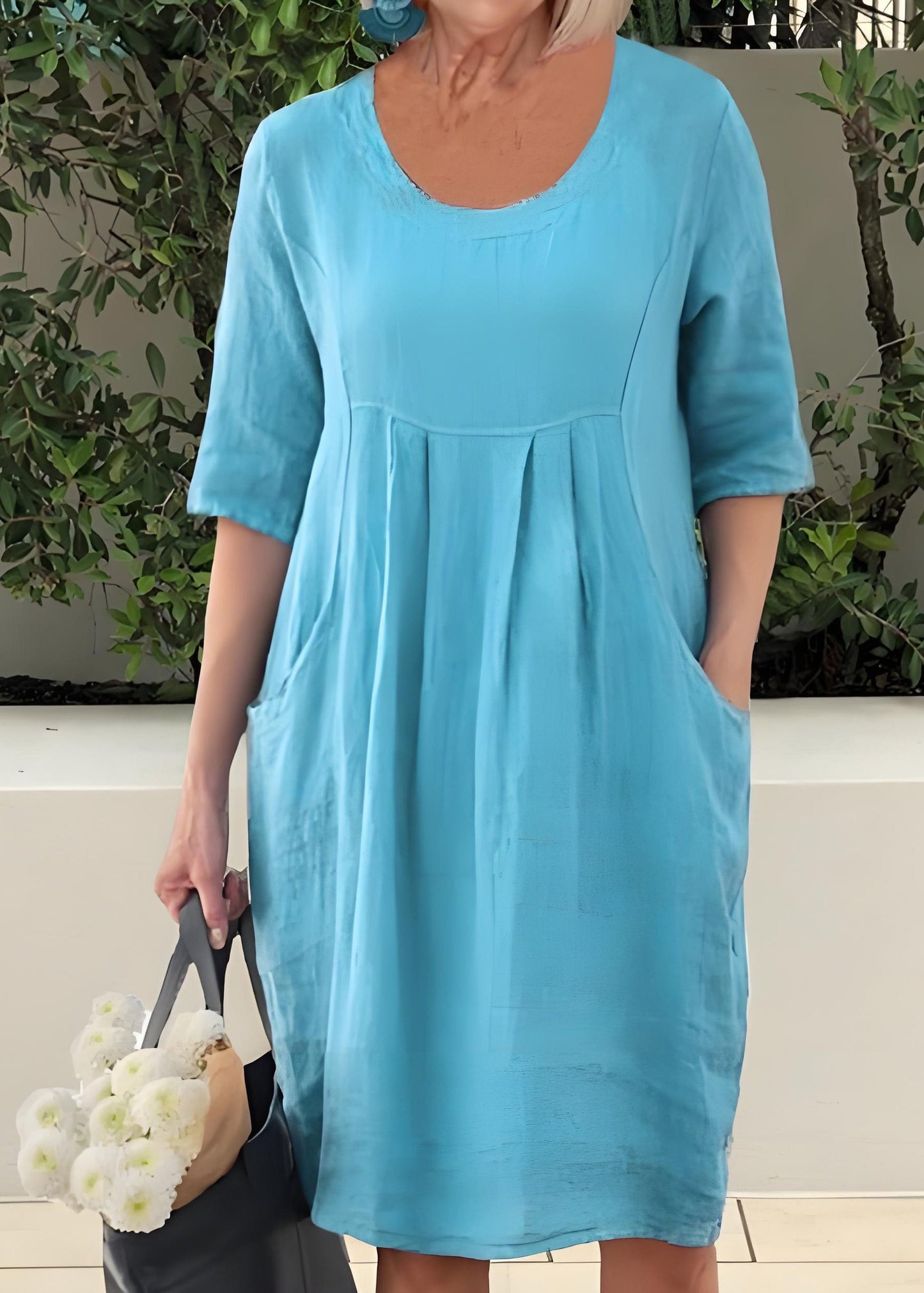 Blue O Neck Pockets Patchwork Cotton Dresses Summer