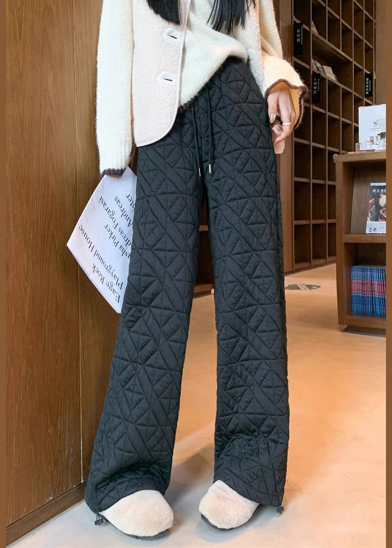 Modern Black Plaid Pockets Drawstring Warm Fleece Pants Winter
