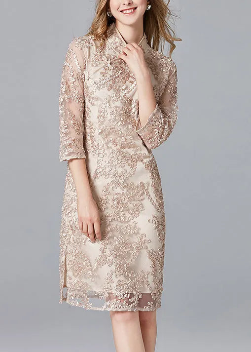 Retro Apricot Stand Collar Embroidered Slim Fit Dress Summer