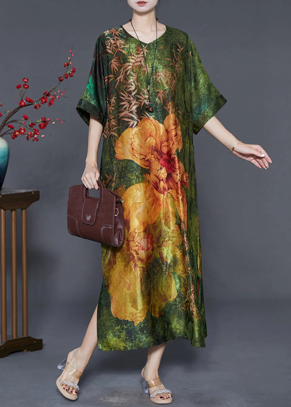 Green V Neck Print Silk Robe Dresses Summer