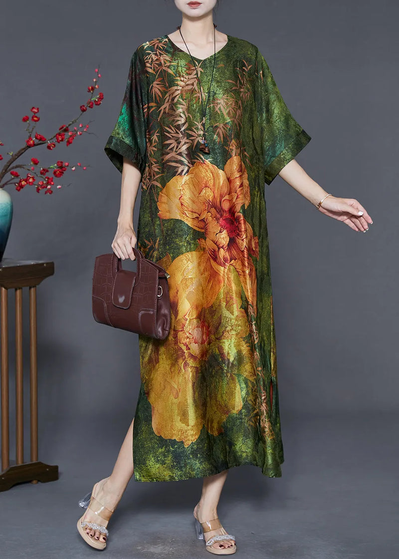 Green V Neck Print Silk Robe Dresses Summer