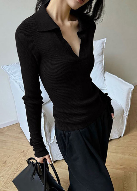 Black Peter Pan Collar Slim Fit Knit Top Spring
