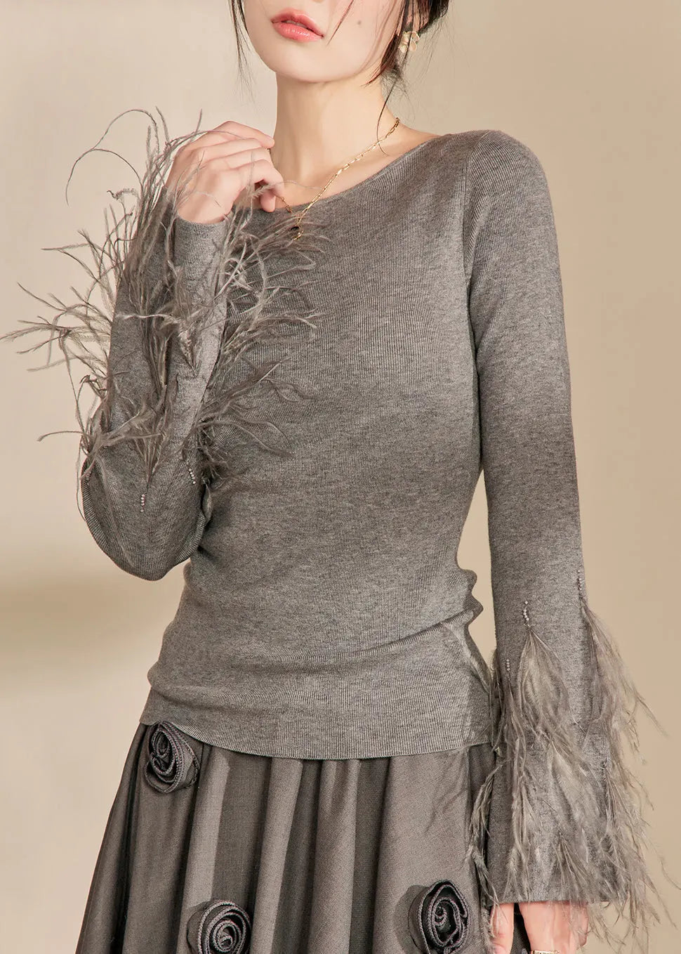 Fitted Grey O-neck Tassel Cotton Knit Sweaters Fall