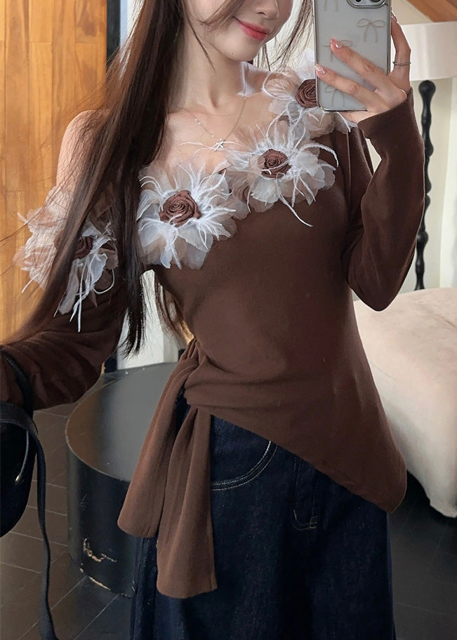 Slim Fit Coffee Cold Shoulder Patchwork Tie Wist Top Spring