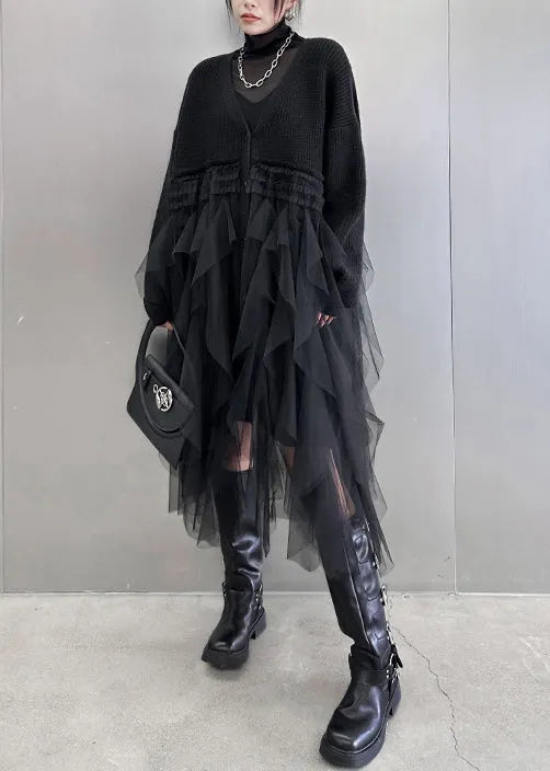 New Black V Neck Tulle Patchwork Cotton Knit Loose Cardigans Dresses Spring