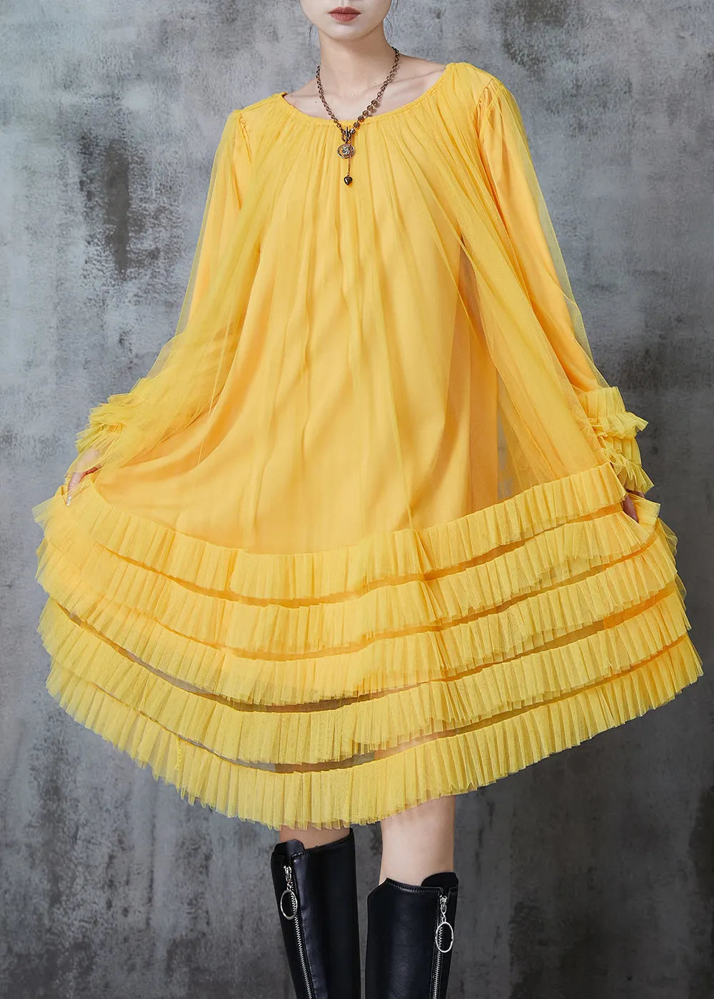 Yellow Oversized Ruffled Tulle Maxi Dresses Fall