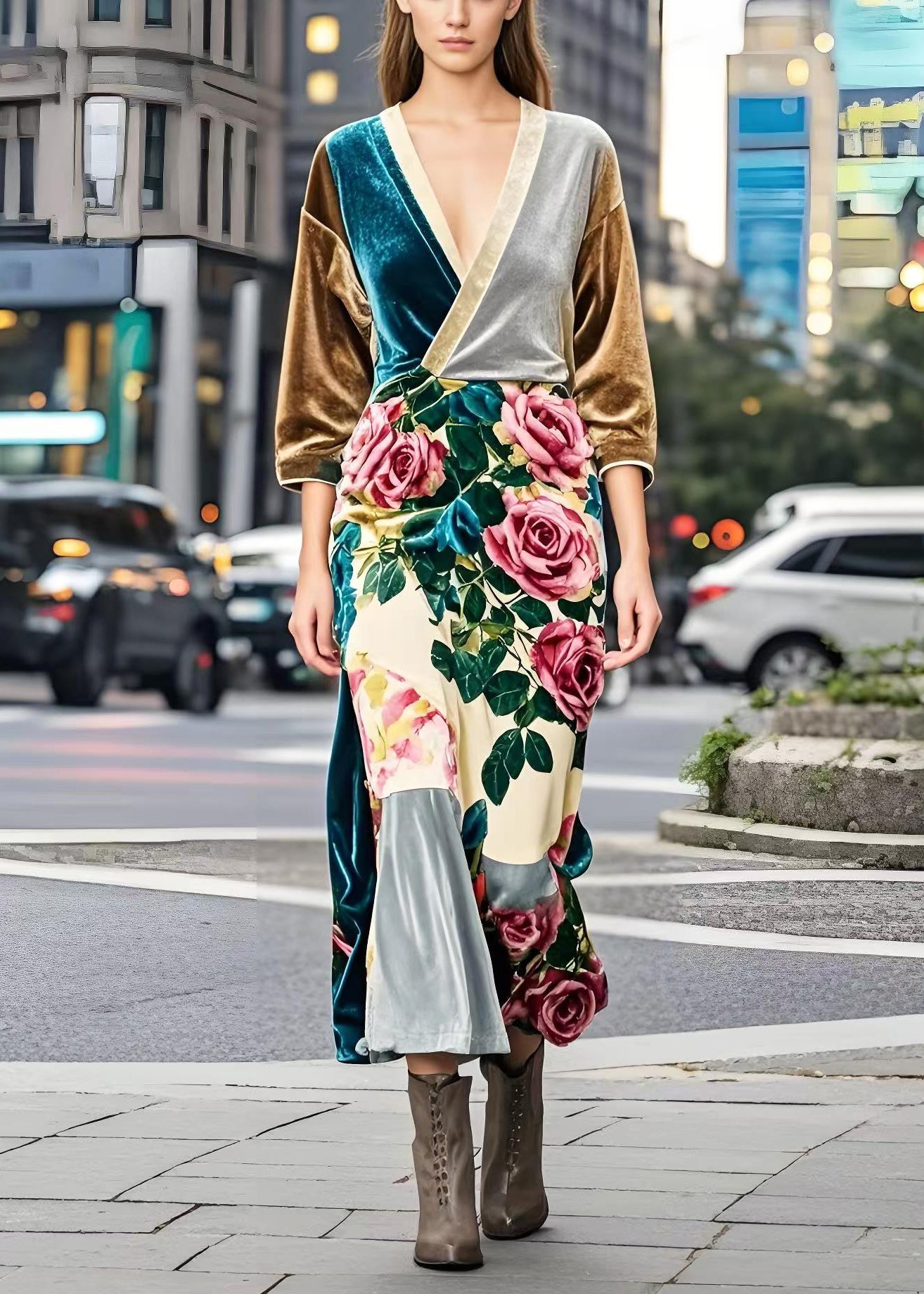 Colorblock V Neck Silk Velvet Dresses Bracelet Sleeve