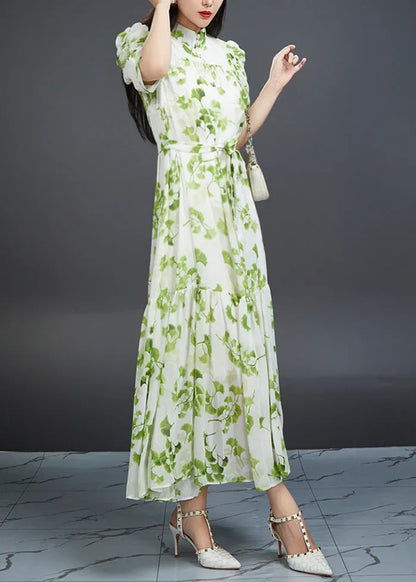 Green Wrinkled Print Tie Waist Chiffon Dress Summer