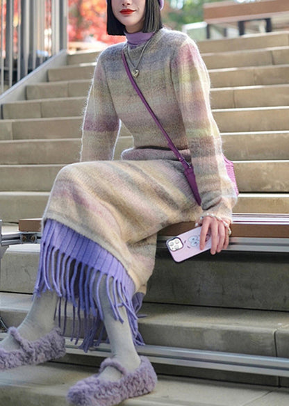 Striped O-neck Tassel Patchwork Ma Hai Mao Knit Dress Winter