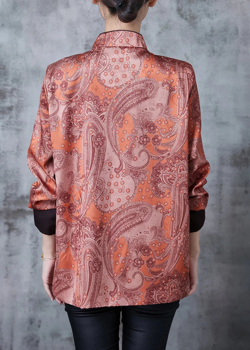Brick Red Mandarin Collar Print Silk Shirt Spring