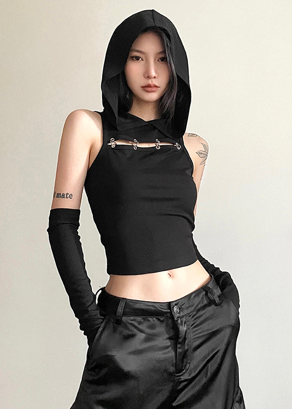 Khaki Patchwo Hollow Out Hooded Top Sleeveless
