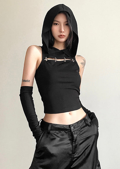 Khaki Patchwo Hollow Out Hooded Top Sleeveless