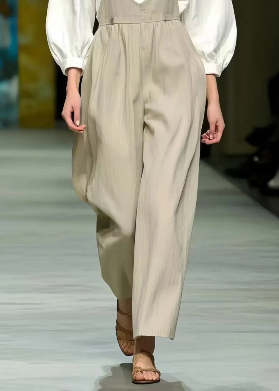 Simple Beige Oversized Cotton Jumpsuit Spring