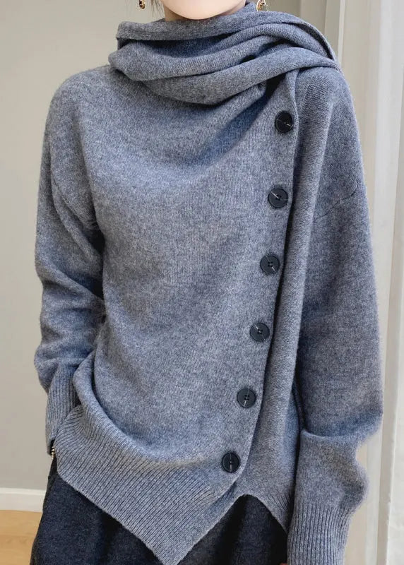 Coffee Scarf Collar Button Patchwork Wool Sweaters Spring