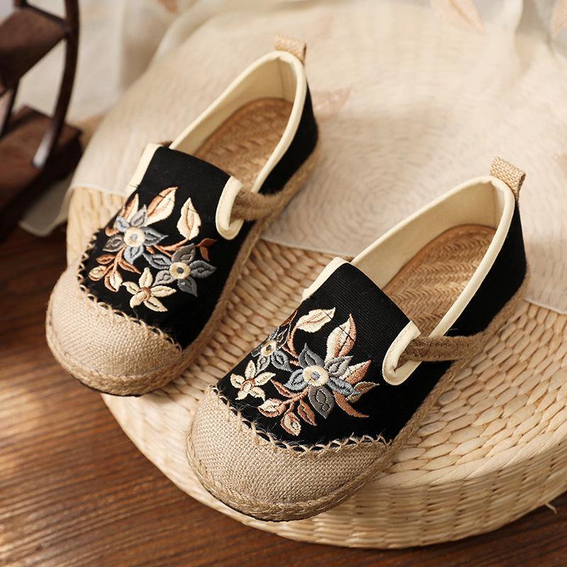 Black Embroidered Cotton Linen Fabric Splicing Flat Shoes