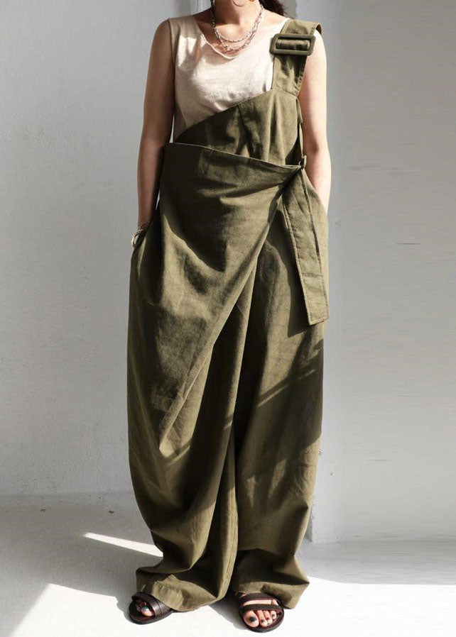 Green One Shoulder Pockets Cotton Strap Jumpsuit Summer