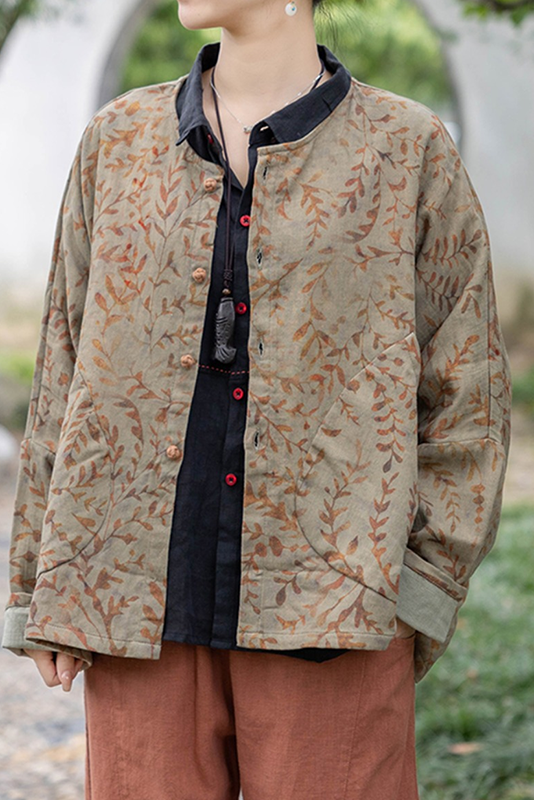 - Print Top Doll Sleeve Cotton Linen Jacket