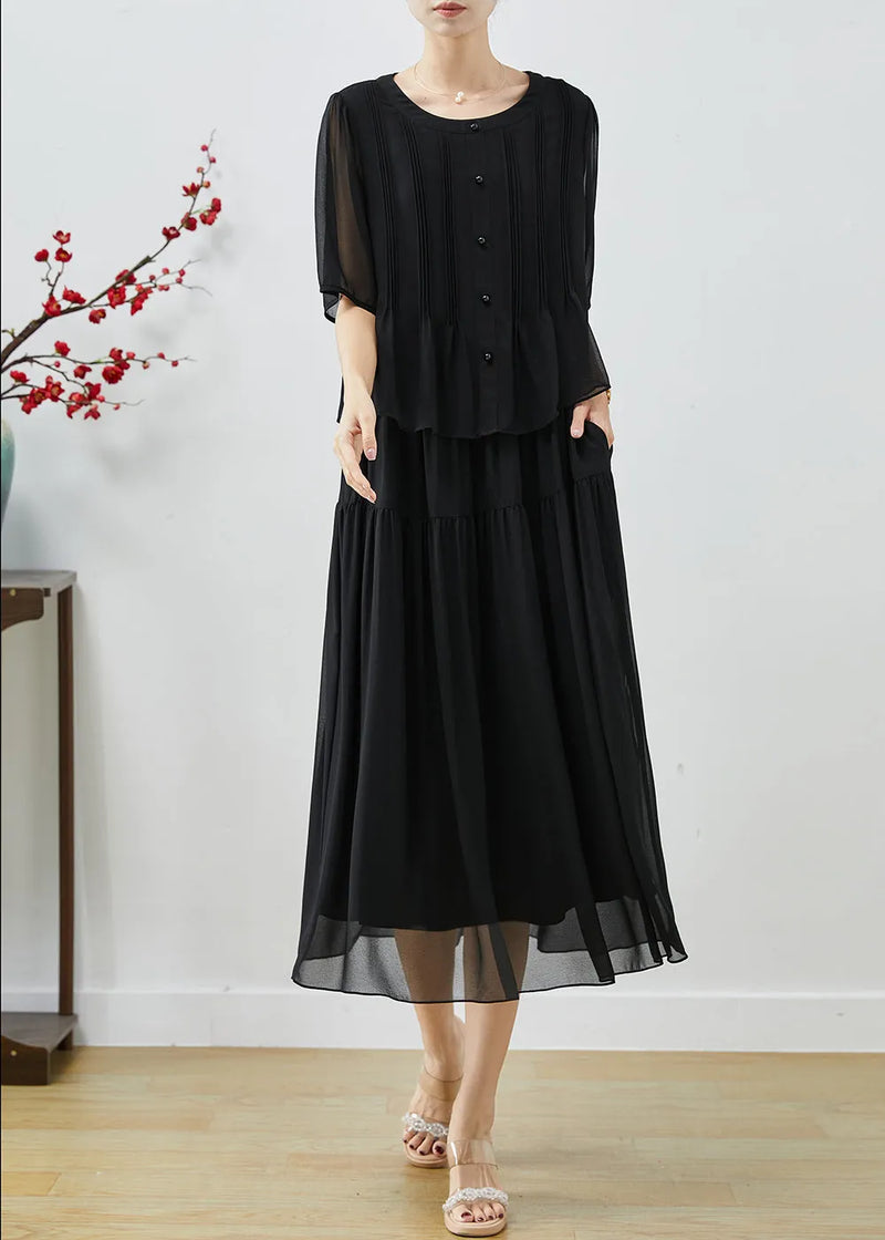 French Black Patchwork Wrinkled Chiffon Vacation Dresses Summer