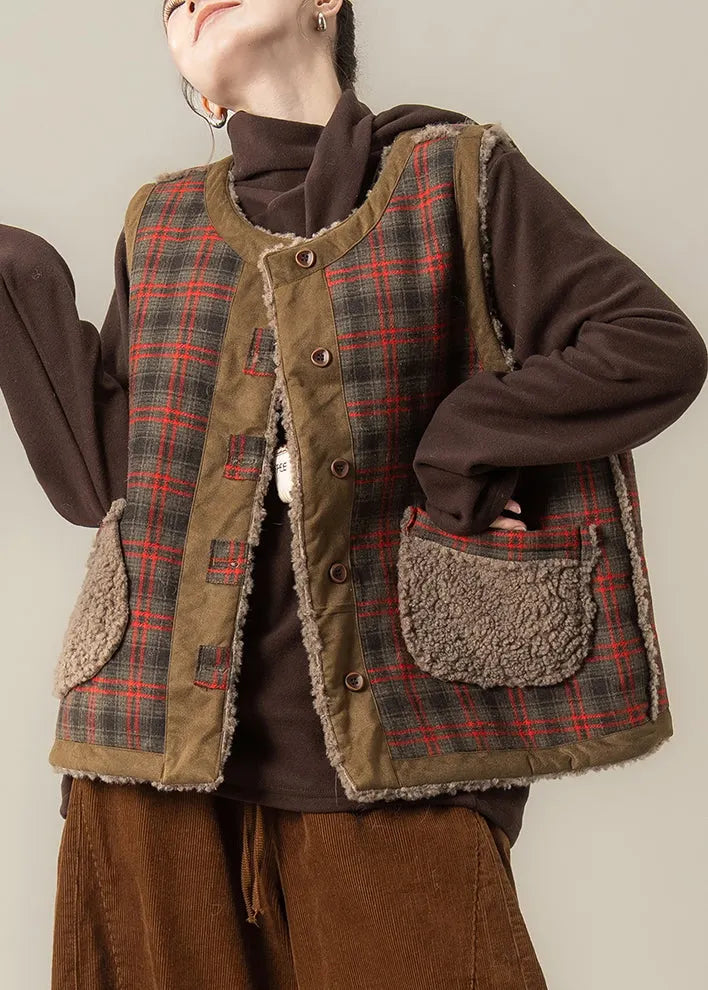 Red Plaid Patchwork Wear on Both Sides Thick Faux Fur Waistcoat Sleeveless