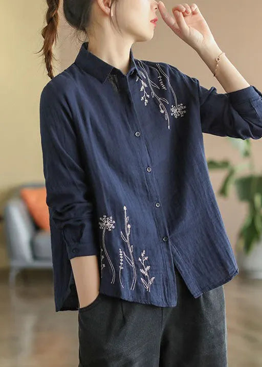 Navy Slim Fit Cotton Shirt Turn-down Collar Embroidered Spring