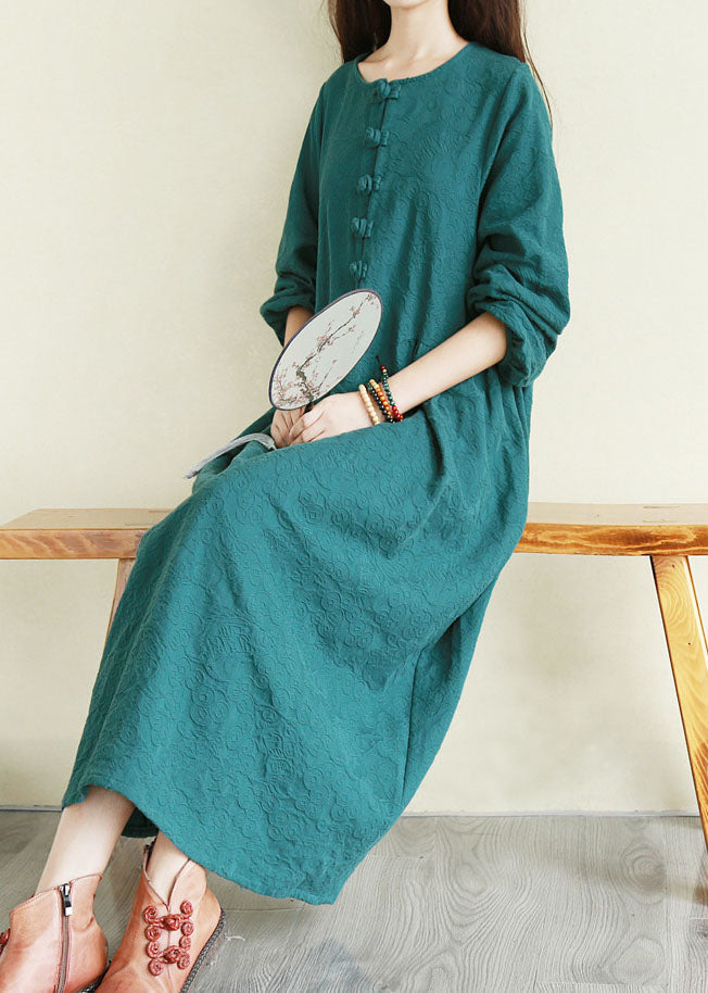 Handmade Peacock Green O-neck Button Cinched Long Dresses Long Sleeve