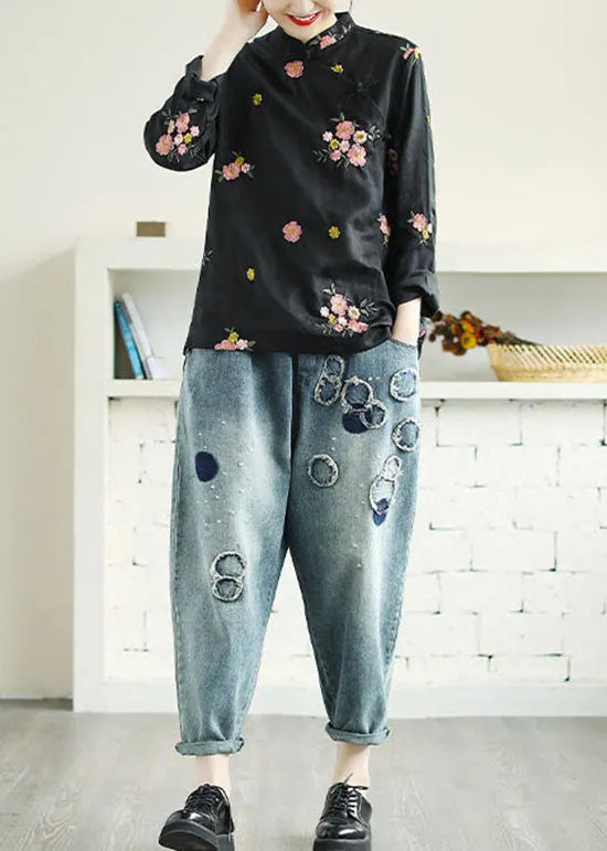 Black Patchwork Linen Shirt Top Embroidered Chinese Button Spring