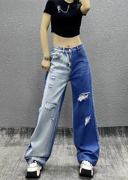 Natural Colorblock Pockets Ripped Denim Straight Pants Fall
