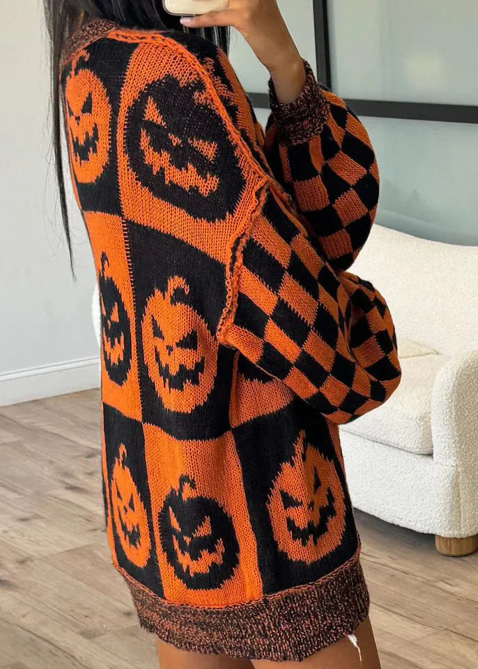 Orange O Neck Jacquard Thick Knitted Sweaters Fall