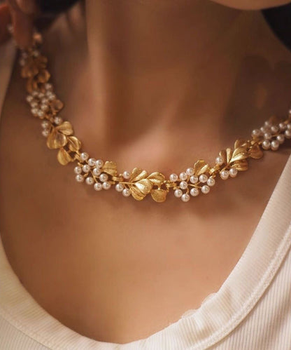 Ginkgo Leaf Copper With Hollow Out Pearl Collar Necklace and Stud Earrings Two Piece Set